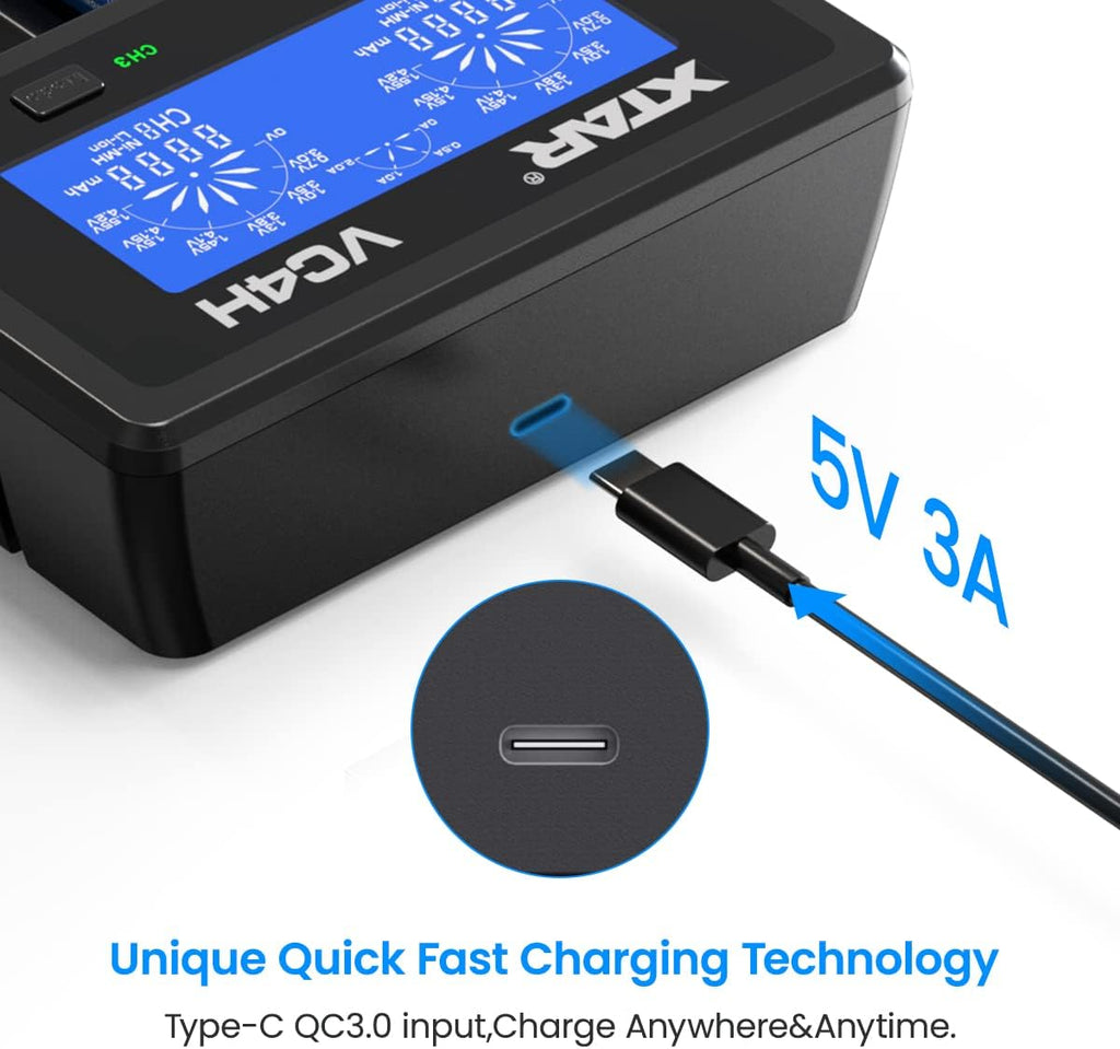 18650 Charger  VC4H Battery Charger 4 Bays Updated 21700 Battery Charger USB C Charger Not Including Batteries (VC4H Charger)