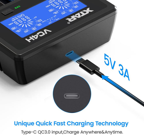 18650 Charger  VC4H Battery Charger 4 Bays Updated 21700 Battery Charger USB C Charger Not Including Batteries (VC4H Charger)